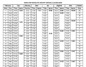 Hamilton prayer times released for February 2022