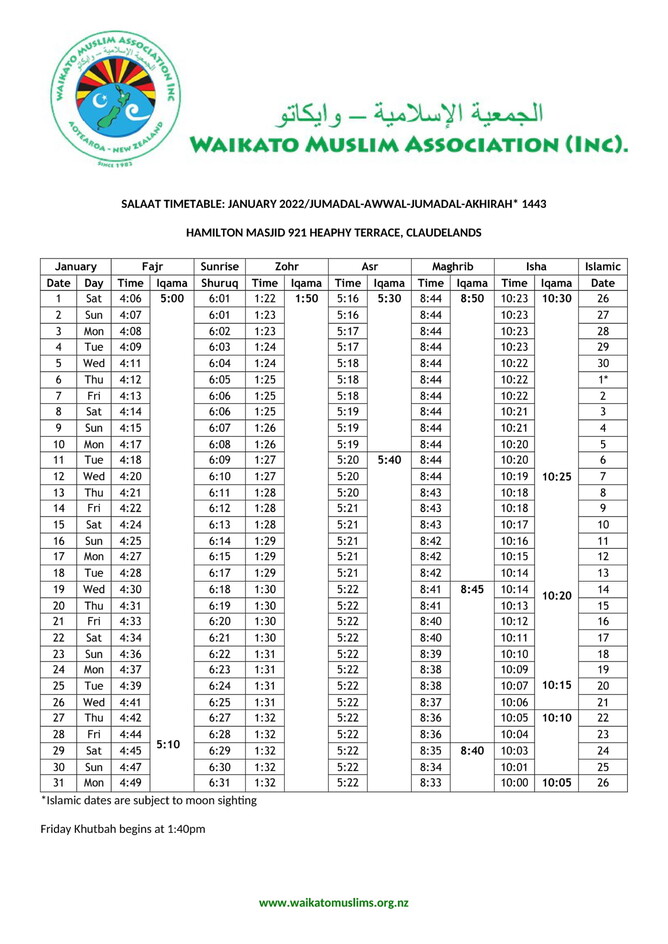 Hamilton prayer times released for January 2022 | Waikato Muslim ...