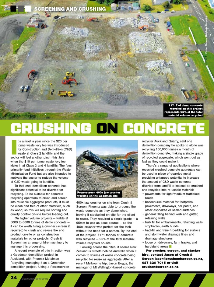 Deals on Wheels magazine article about machinery for crushing waste concrete into recycled crushed concrete aggregate