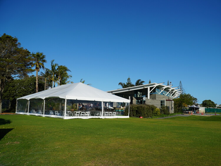 Covered viewing area with clear span marquee – spectator marquee hire Auckland for sports events