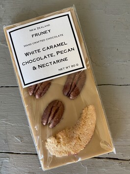 A Fruney White caramel Chocolate Pecan and Necterine