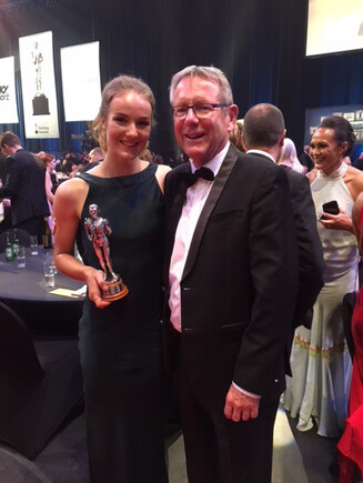 Ellesse Andrews and Perago co-founder Kevin Burgess at the 2018 Halberg Awards