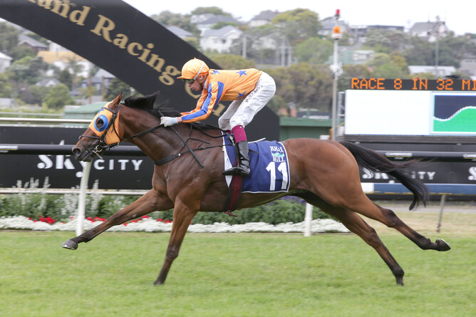 Prise De Fer winning the Gr.2 Rich Hill Mile (1600m) at Ellerslie on New Year’s Day. Photo: Trish Dunell
