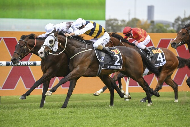 I’m Thunderstruck (outside) winning the A$7.5 million Golden Eagle (1500m). - Photo: bradleyphotos.com.au