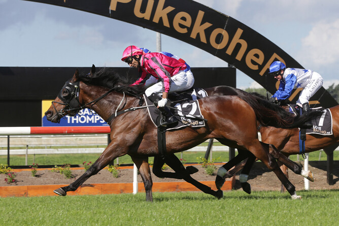 Seajetz winning the Listed Karaka Classic (1500m) at Pukekohe on Tuesday. - Photo: Trish Dunell
