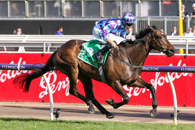 Pride of Jenni scores a front running victory in the Gr.1 Empire Rose Stakes at Flemington. - Photo: Bruno Cannatelli