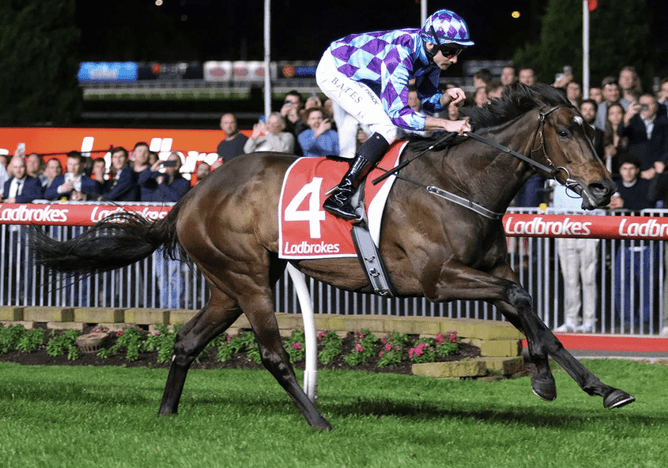 Pride Of Jenni winning the Gr.2 Feehan Stakes (1600m. Photo: Bruno Cannatelli / racingnews.co.nz