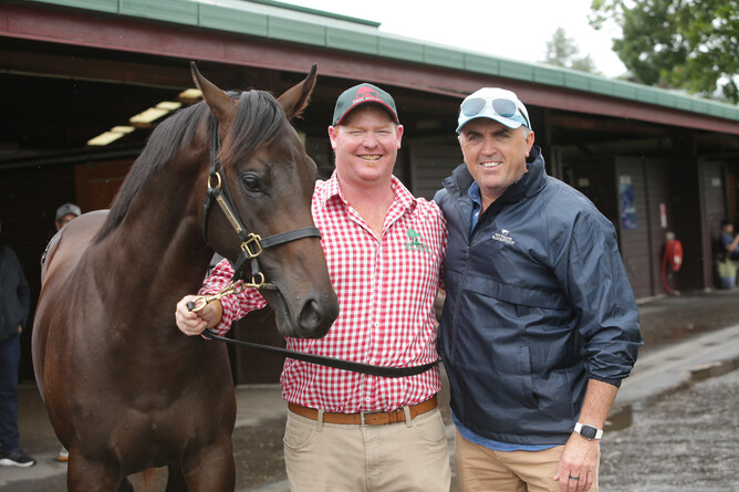 Bloodstock agent Cameron Cooke (right) pictured with lot 294, the Too Darn Hot colt out of Lady Sayyida, and Trelawney Stud’s Callum Jones. - Photo: Trish Dunell