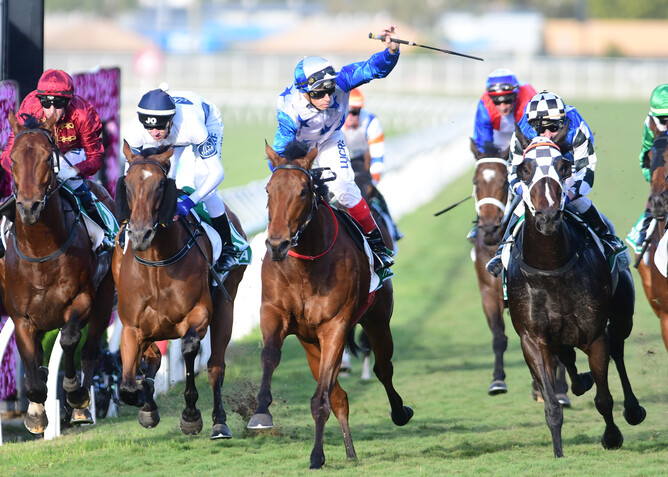 Bostonian (centre) winning the Gr.1 Kingsford-Smith Cup (1300m). - Grant Peters via NZ Racing Desk