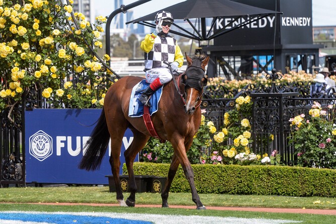 Craig Williams returns to the mounting yard aboard Purple Sector after winning the Listed Furphy Plate (1800m) at Flemington. Photo: Brett Holburt (Racing Photos)