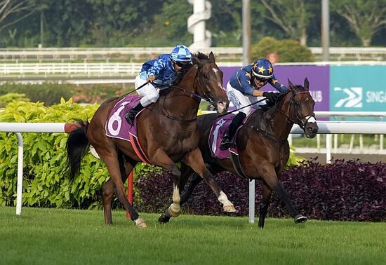 Lim's Kosciuszko (Marc Lerner, on the inside) beats off a strong challenge from Dream Alliance (Bruno Queiroz) in the Group 1 Singapore Gold Cup. - Photo: STC