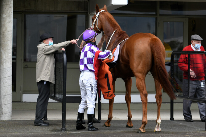 Trainer Cliff Goss watches on as Jonathan Riddell unsaddles Gold Watch at Te Rapa  - Photo Credit: Race Images – Kenton Wright