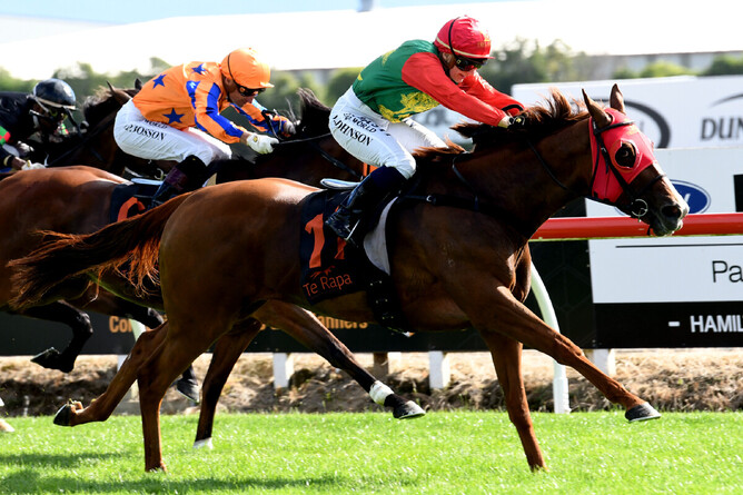Two Illicit charges to the line to take out the Gr.1 Rydges Wellington Captain Cook Stakes (1600m). - Photo: Kenton Wright, Race Images