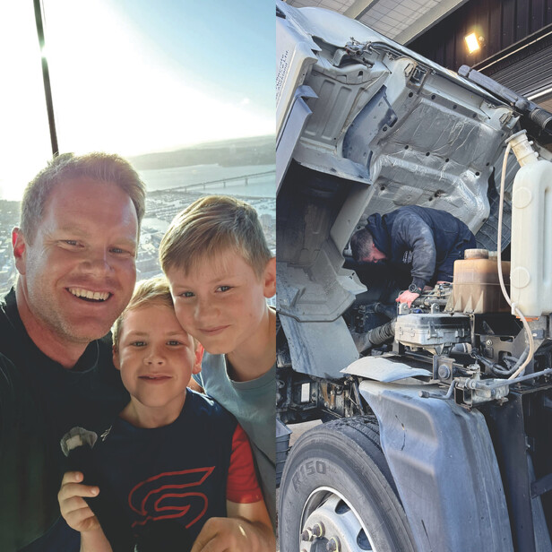 Conrad with his two children and also working on a truck