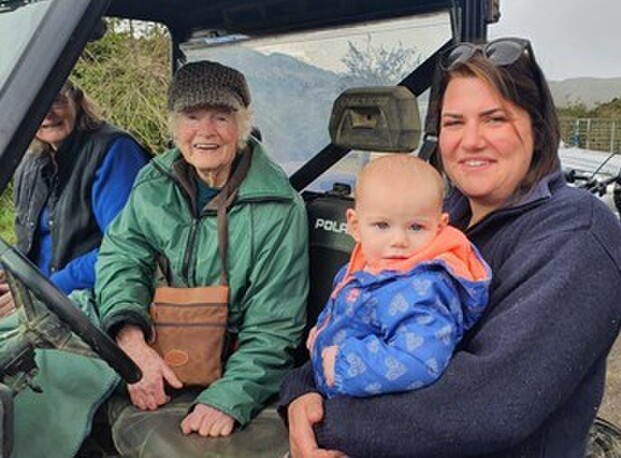 Off to the backcountry! Four generations of the McDonald family ready to rock and roll in a four-wheeler from the Ruatiti Road end to the ANZAC service. Helen Brandon, Muriel Roberts (94), Neave Brandon (8 months), Lucy Brandon. Muriel was born in the Mangapurua valley in 1926 and is amongst the few remaining children of the valley and was the last child to leave. She enjoyed farming with her dad Hugh.