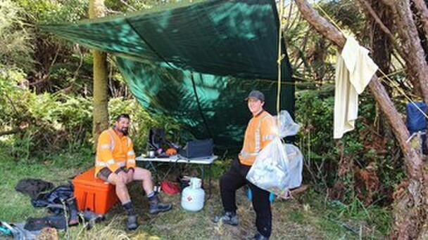 Specialist workers Ricky Archer and Blake Harding are enjoying life at their bush camp.