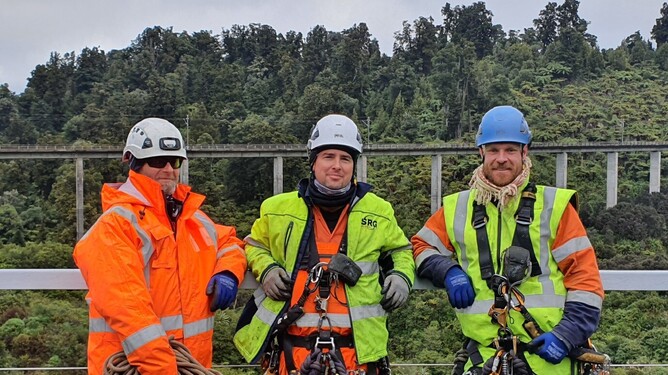 Ready to launch: Rob Leeks, Siva Pierard and Ben Florence on the 1907 steel viaduct. Behind is the replacement 1987 concrete viaduct that enables faster bigger trains.