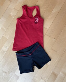 Level 1 to Level 3 - Red Racer Back SingletBlack Shorts