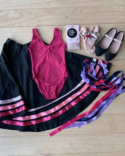 Grade 1-6 Ballet - Mulburry Sleeveless LeotardBlack Character Skirt with Pink RibbonsBallet TightsCharacter ShoesBallet Shoes