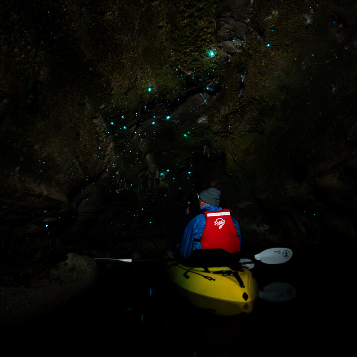 Kayak under a galaxy of Glow Worms