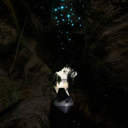 A kayak sitting at the entrance of a glow worm cave looking out to the lake
