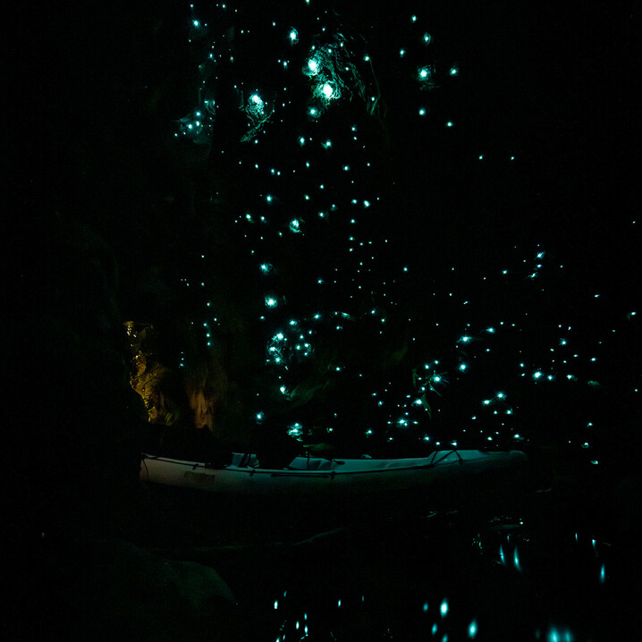 Kayak inside a glow worm cave