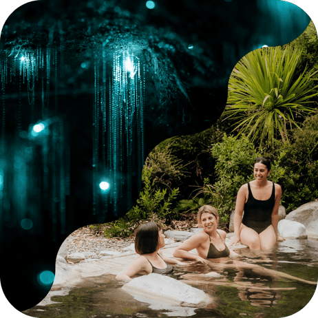 People relaxing in the Deluxe Lake Spa pools at Polynesian Spa overlooking Lake Rotorua