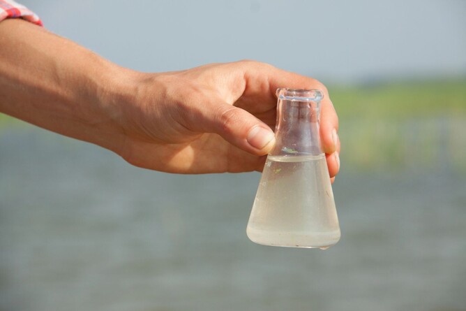 person holding wastewater sample in beaker