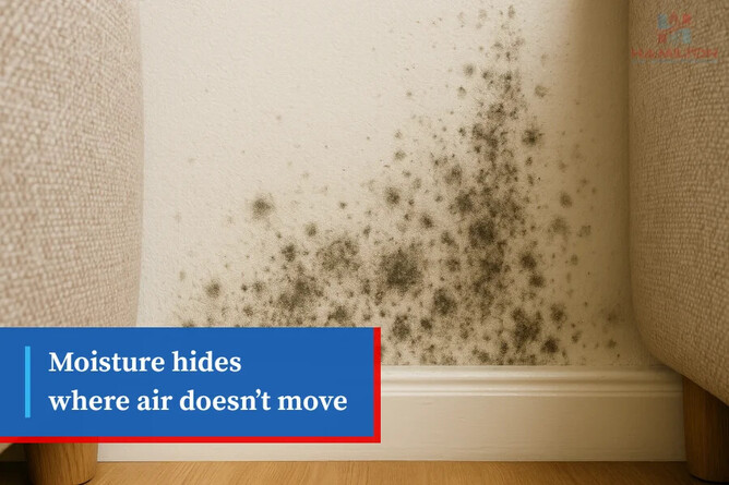 Black mold forming on wall corner due to lack of airflow between furniture.