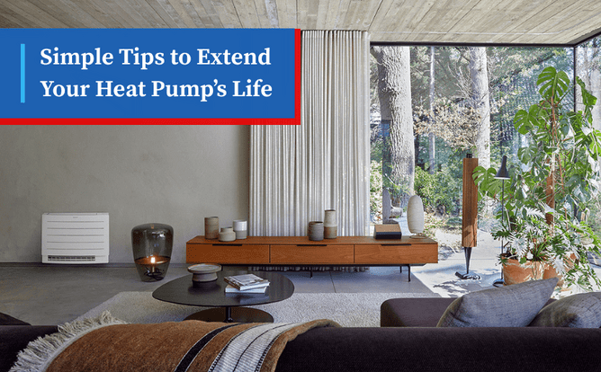 Modern living room with a Daikin Perfera heat pump unit on the wall.