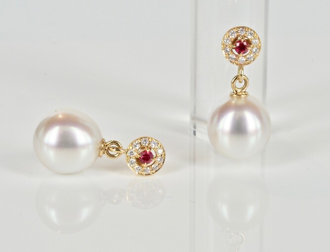 drop pearl earrings with rubies and diamonds