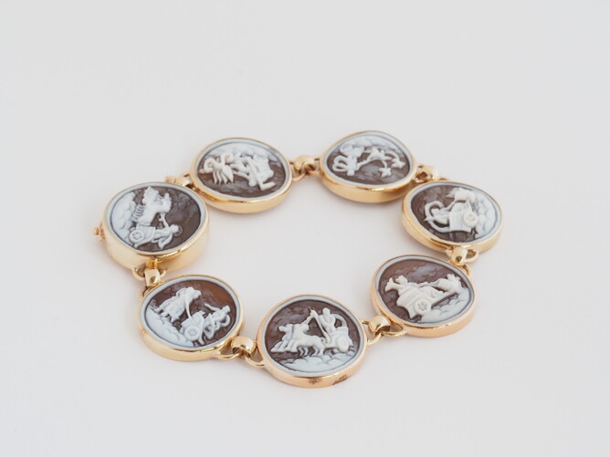 Handmade gold bracelet. Italian cameos. Mythological Gods