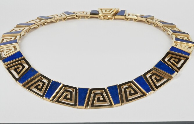 Greek Key necklace , gold and lapis lazuli