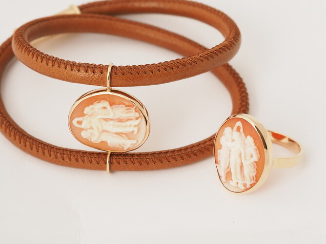 Leather bracelet and cameo ring, handmade in 18ct rose gold