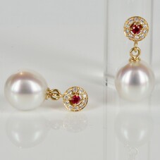 Drop pearl earrings with rubies and diamonds