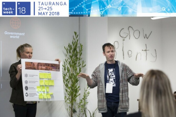 Deborah and George presenting their 'Government World future' at the first GrowPlenty workshop. - Photo: Venture Centre