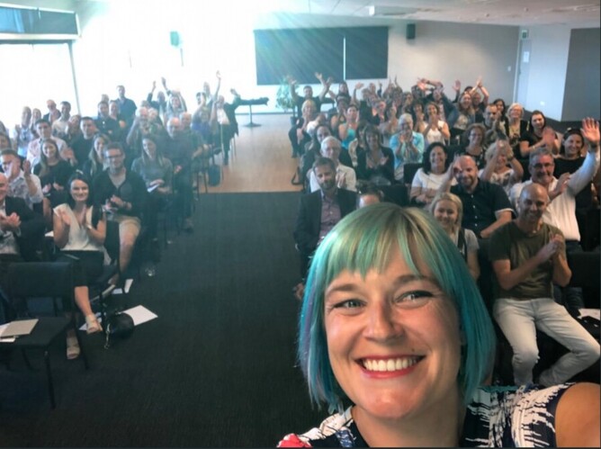 Savvy Peterson with the crowd at a SmartGrowth talk about millennials last month. - Photo: @SavIsSavvy