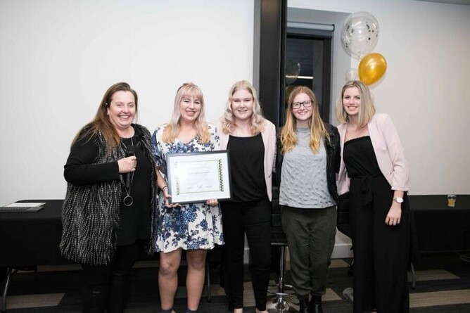 The Brite NZ team with Venture Centre co-founder Jo Allum at the Bay of Plenty Regional Young Enterprise NZ finals, at Toi Ohomai in November. - Photo: Brite NZ