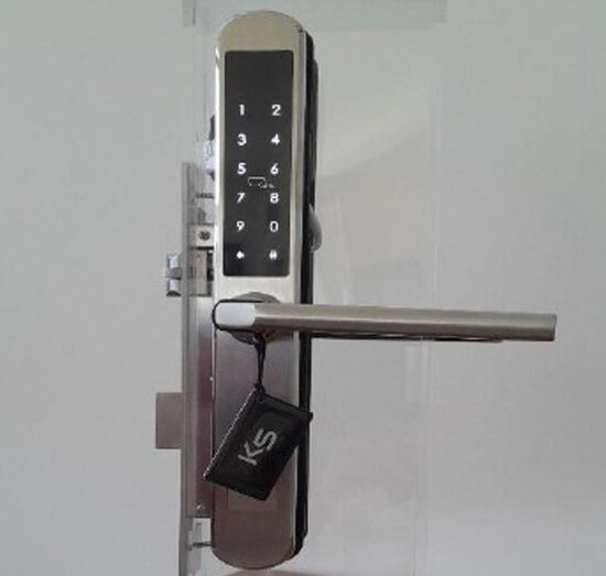 The Doorbot Digital Electronic Deadolt installed on a black door  with a furnished living room in the background.