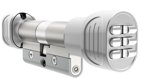 A photo of a chrome pin Euro cylinder (EPEC)  that can replace an existing cylinder.