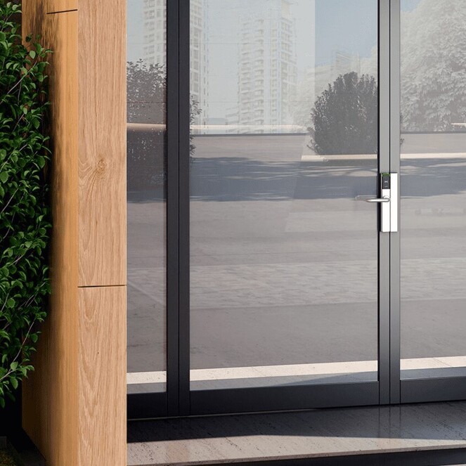 A commercial door with and access control system installed