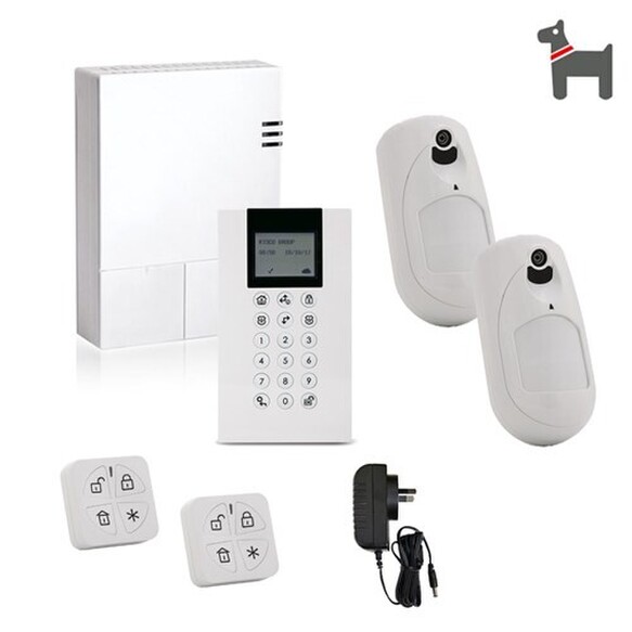 A picture of an alarm kit. Shows alarm panel, 2 sensors, 2 controllers, external alarm box and an image confirming pet friendly operation