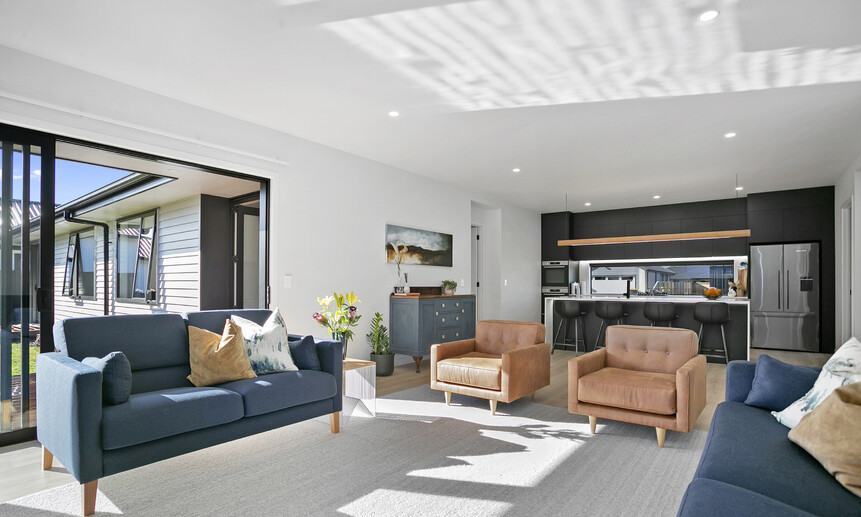 This open-plan kitchen, living and dining maximises space and flow in this tailored house and land package.