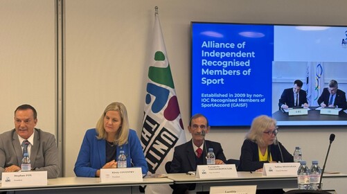 L to R: Stephan Fox AIMS President, IOC President Kirsty Coventry, AIMS First Vice President Panagiotis Theodoropoulos, AIMS General Secretary Sabine Shanahan
