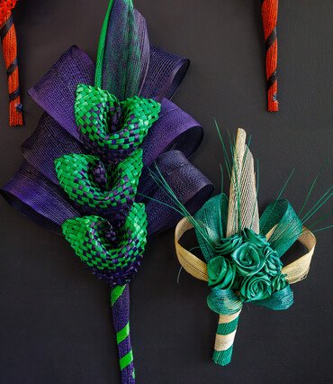 Colourful hand-made woven flax Harakeke bouquets