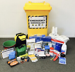 Emergency survival kit in a yellow wheelie bin large