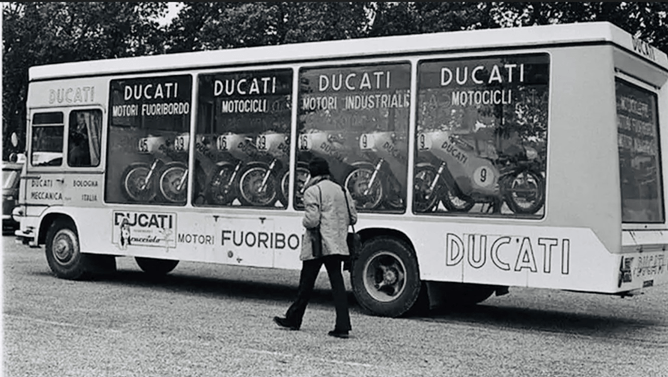 All seven Imola bikes lined up in the Bologna Party Bus📸 www.rideapart.com