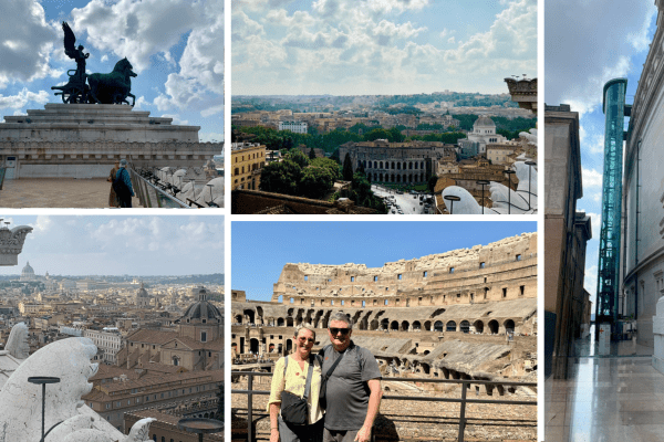 Rome - Clockwise from top left: Altare della Patria, looking down on the Colosseum, view from the Monument Emanuel ll & the glass lift that costs $31 NZ per person to access it, cityscape, inside the Colosseum.