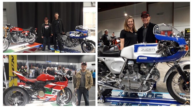 Anti clockwise from top left, Malcolm with: Andrew Stroud standing between Malcom's Ducati master pieces, Avalon Biddle & Ducati 900 SS, Malcolm with his Panigale V2 Bayliss