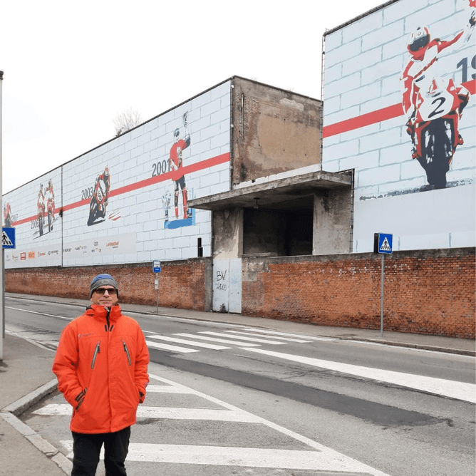 Murray on 'Ducati Street' outside Ducati HQ